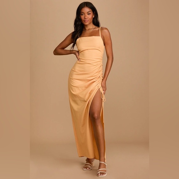 Love You Like I Do Light Orange Ruched Drawstring Maxi Dress - Picture 5 of 5